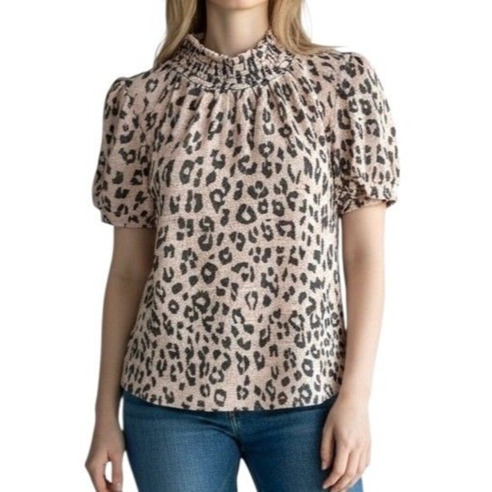 Monteau LA Junior's Mock Neck Knit Top Short Puff Sleeve Size S Animal Print